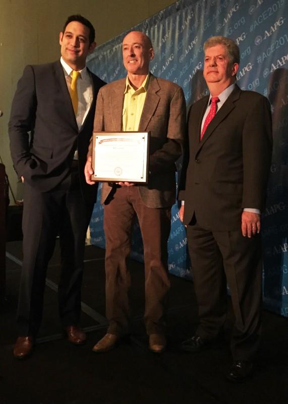 From left: Bryant Fulk, chair of AAPG Student Chapter Committee; Bill Bosworth, 2015 Hartman Service to Students Award recipient and AAPG Africa Region President-elect; and David Blanchard, AAPG Africa Region President. Photo courtesy of Femi Esan.